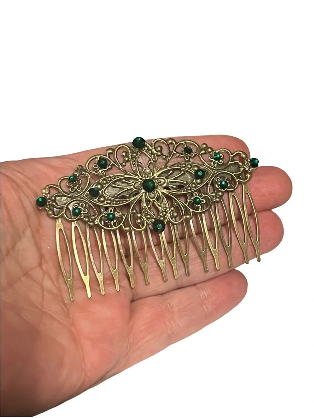 Antique-Style Brass Hair Comb with Green Gem Accents FINAL PRICE DROP